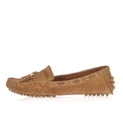 Tan suede tassel driving shoes